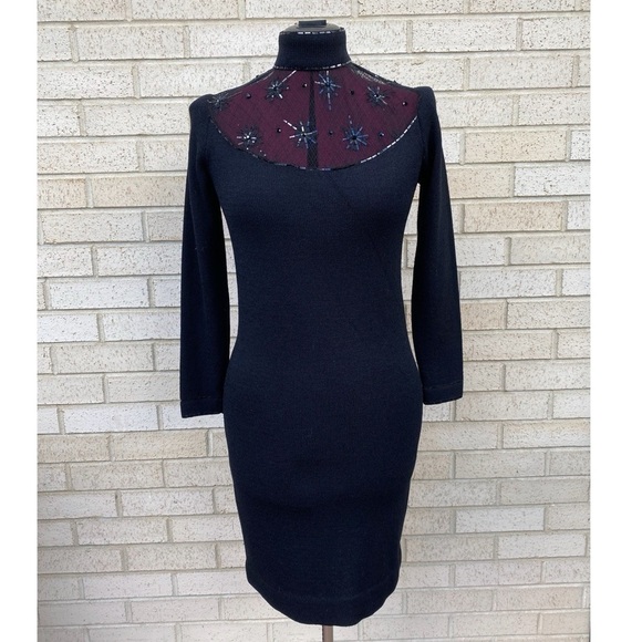 St. John Vintage Black Dress Size 2 Illusion Sparkly Snowflake Mock Turtleneck - Picture 1 of 17